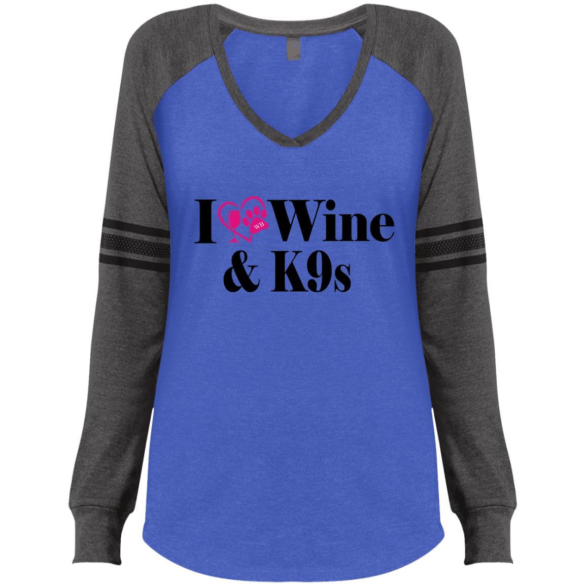 T-Shirts Heathered True Royal/Heathered Charcoal / X-Small WineyBitches.Co "I Love Wine and K9s" Ladies' Game LS V-Neck T-Shirt WineyBitchesCo