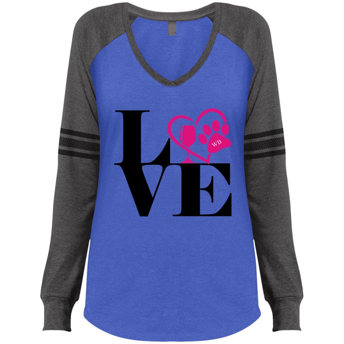 T-Shirts Heathered True Royal/Heathered Charcoal / X-Small WineyBitches.Co "Love Paw 2" Ladies' Game LS V-Neck T-Shirt WineyBitchesCo