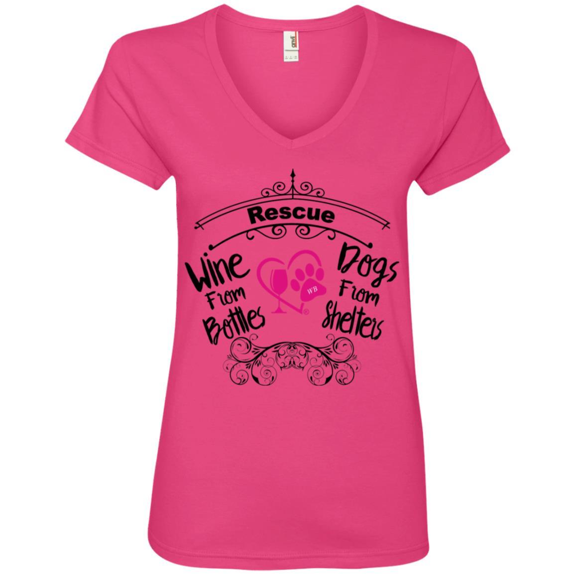 T-Shirts Hot Pink / S Winey Bitches Co "I Rescue Wine From Bottles & Dog From Shelters" Ladies' V-Neck T-Shirt WineyBitchesCo