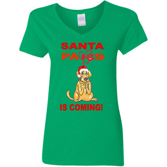 T-Shirts Irish Green / S WineyBitches.co "Santa Paws Is Coming" Ladies' 5.3 oz. V-Neck T-Shirt WineyBitchesCo