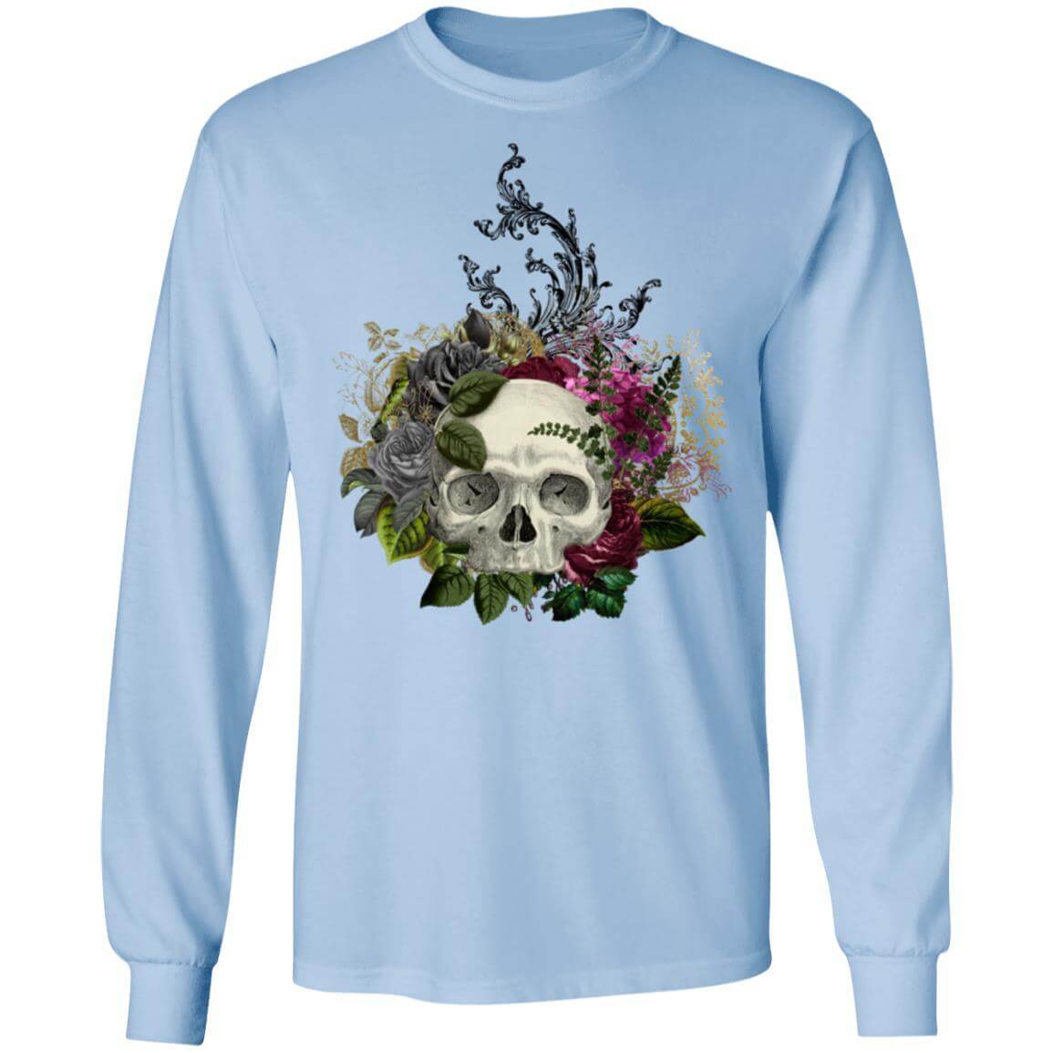 T-Shirts Light Blue / S Winey Bitches Co Floral Skull Design #1 LS Ultra Cotton T-Shirt WineyBitchesCo