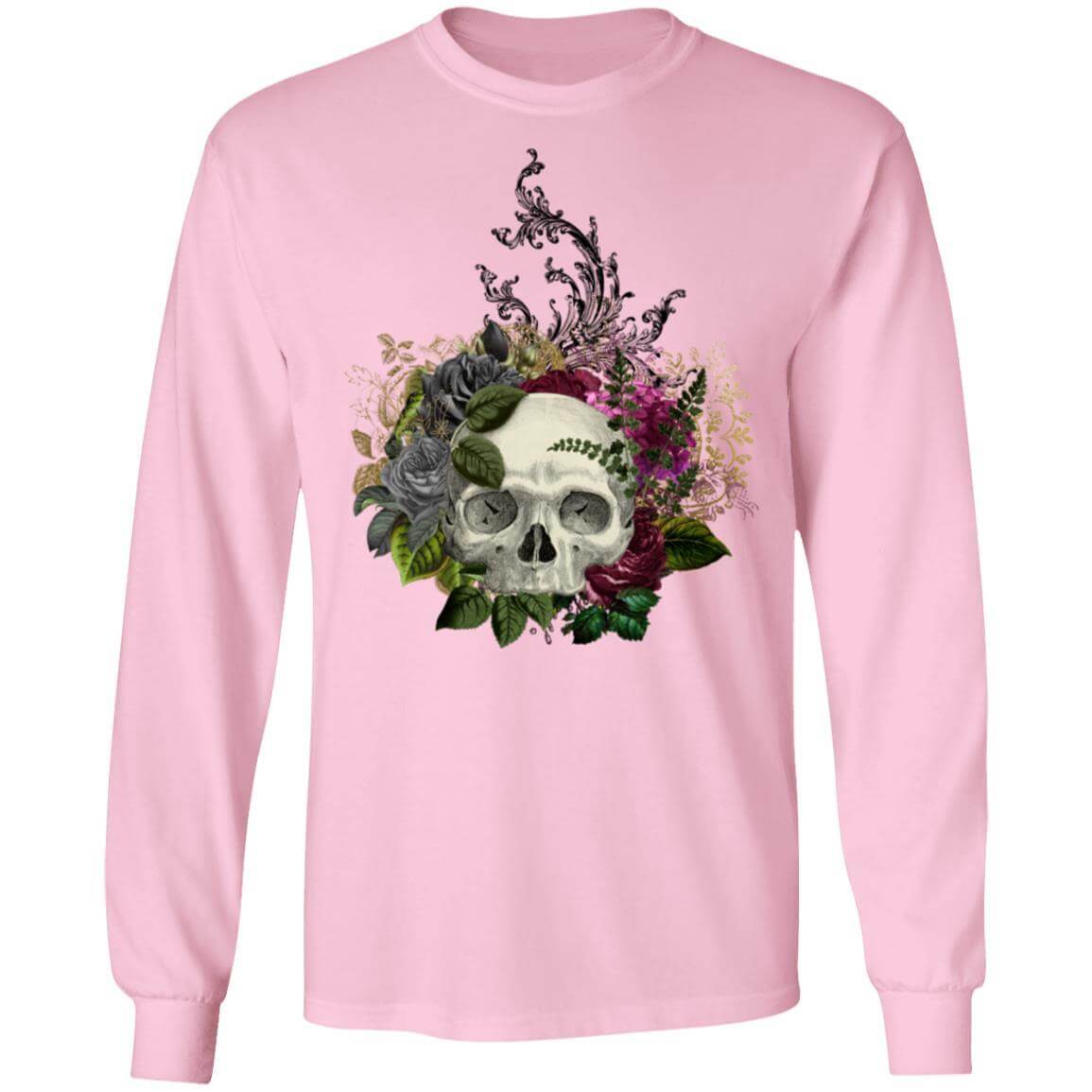 T-Shirts Light Pink / S Winey Bitches Co Floral Skull Design #1 LS Ultra Cotton T-Shirt WineyBitchesCo