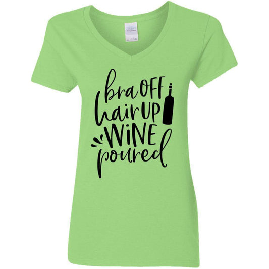 T-Shirts Lime / S WineyBitches.Co Bra Off Hair Up Wine Poured Ladies' 5.3 oz. V-Neck T-Shirt (Blk Lettering) WineyBitchesCo