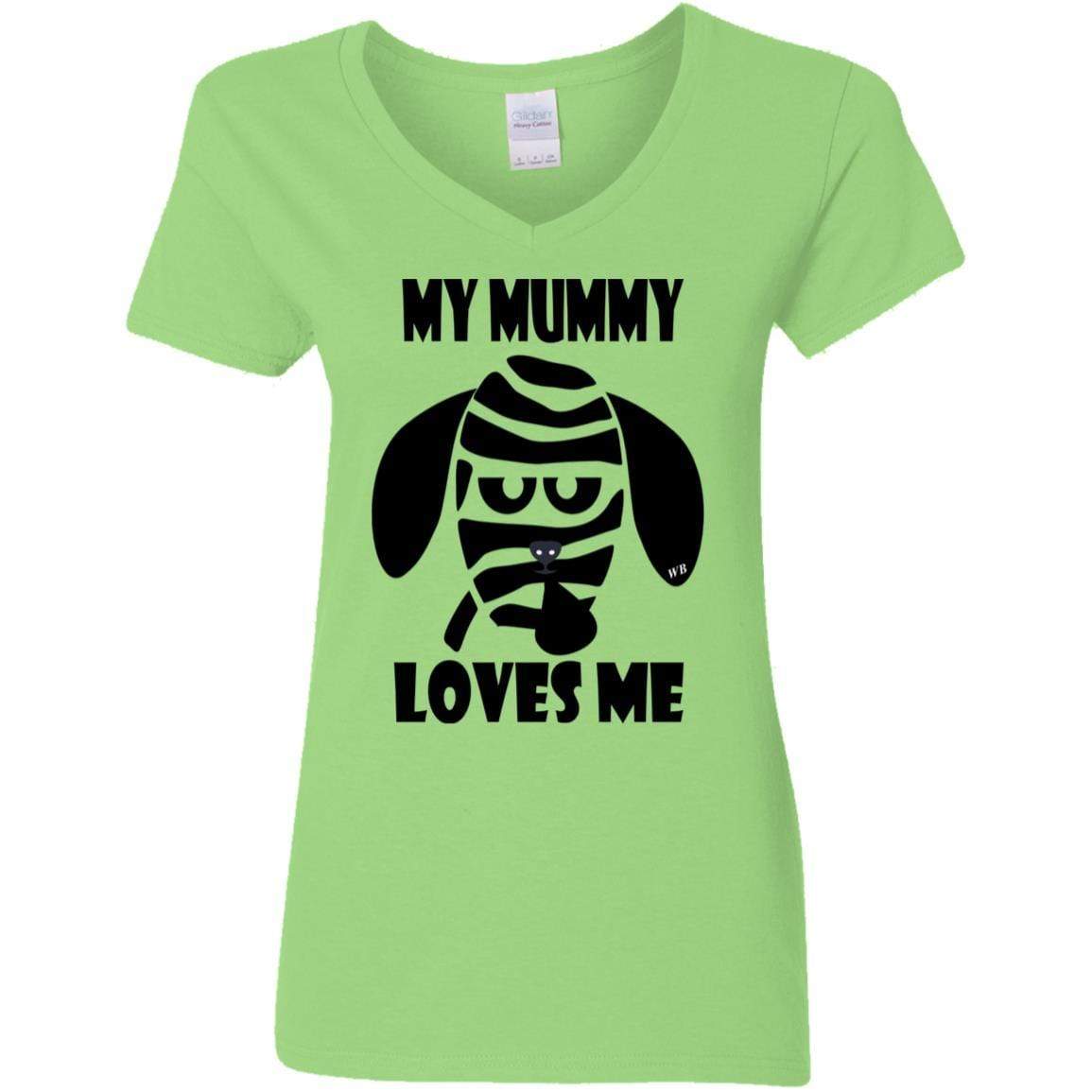 T-Shirts Lime / S WineyBitches.Co "My Mummy Loves Me" Halloween Ladies' 5.3 oz. V-Neck T-Shirt WineyBitchesCo