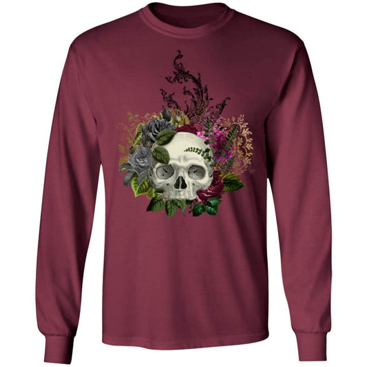 T-Shirts Maroon / S Winey Bitches Co Floral Skull Design #1 LS Ultra Cotton T-Shirt WineyBitchesCo