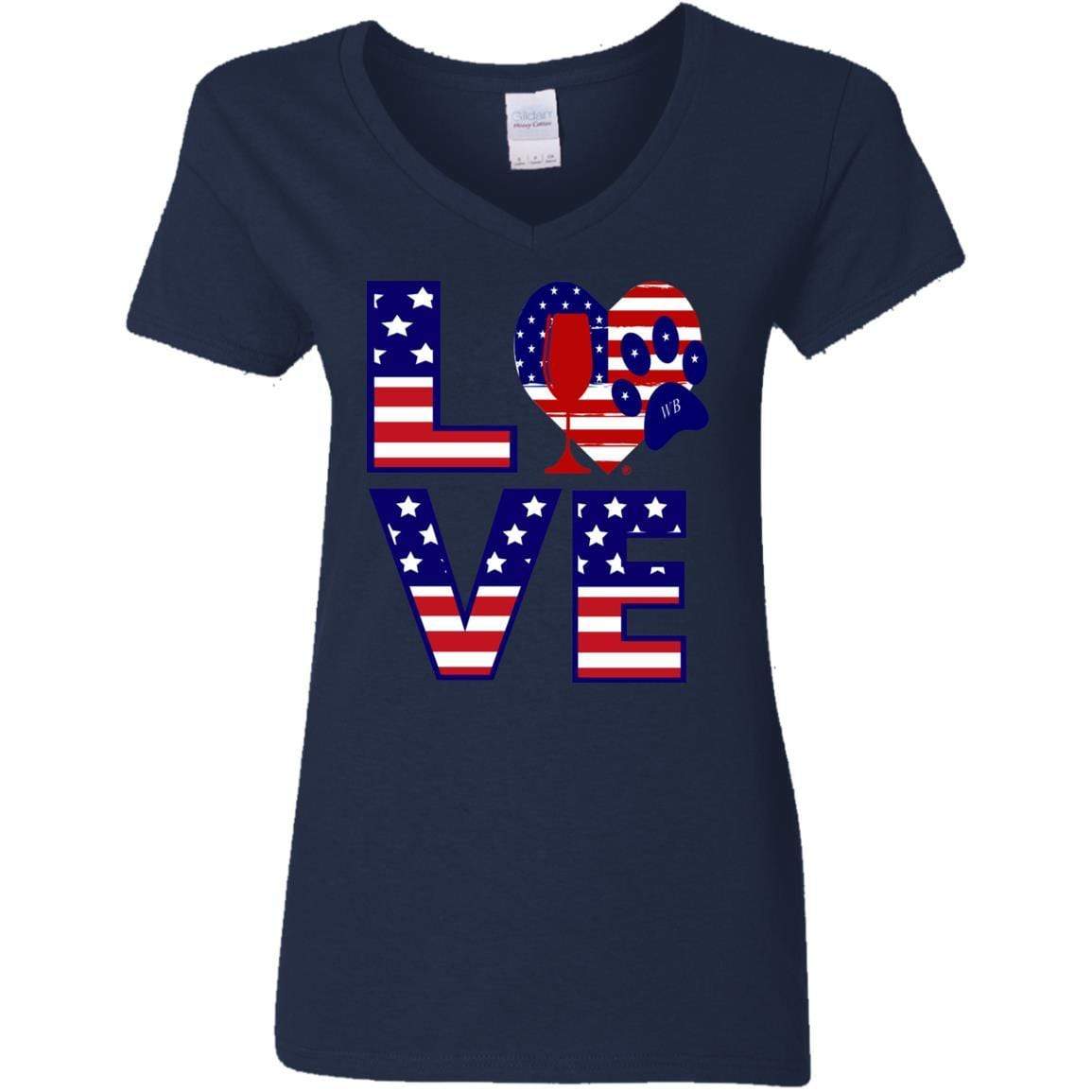 T-Shirts Navy / S Winey Bitches Co "American Love Paw" Ladies' 5.3 oz. V-Neck T-Shirt WineyBitchesCo