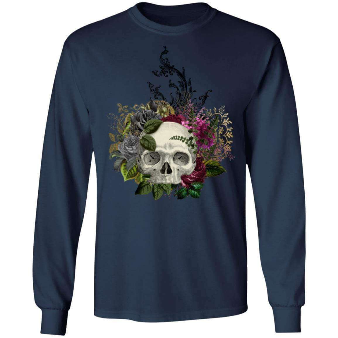 T-Shirts Navy / S Winey Bitches Co Floral Skull Design #1 LS Ultra Cotton T-Shirt WineyBitchesCo