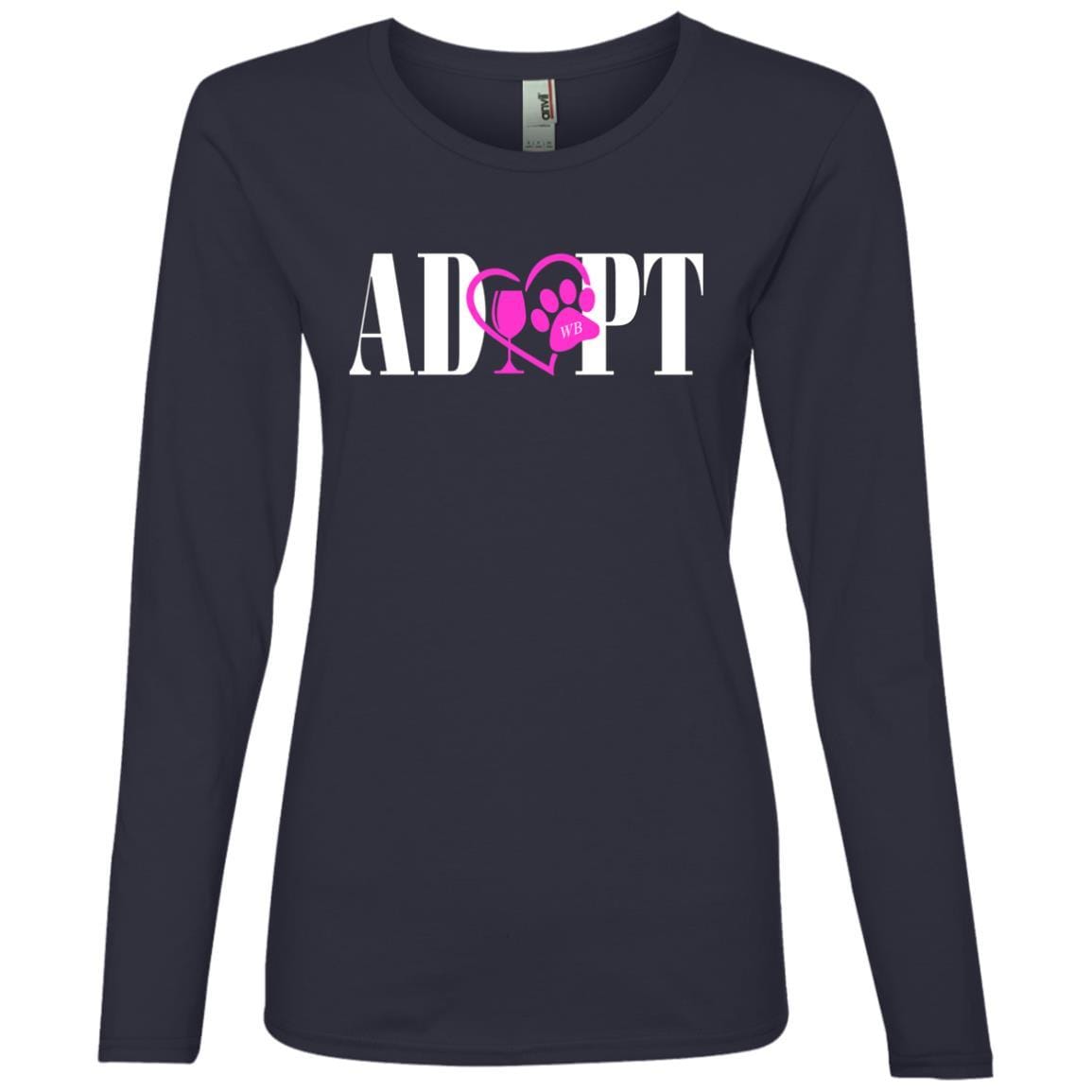 T-Shirts Navy / S WineyBitches.Co “Adopt” Ladies' Lightweight LS T-Shirt - Pink Heart- Wht Lettering WineyBitchesCo