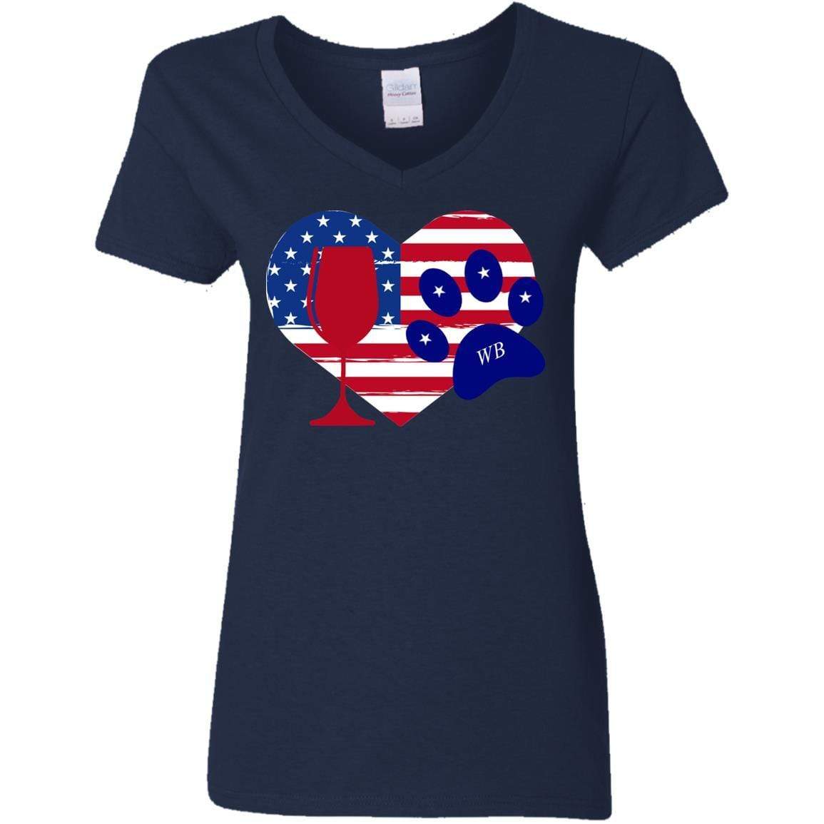 T-Shirts Navy / S WineyBitches.Co American Wine Paw Heart Ladies' 5.3 oz. V-Neck T-Shirt WineyBitchesCo