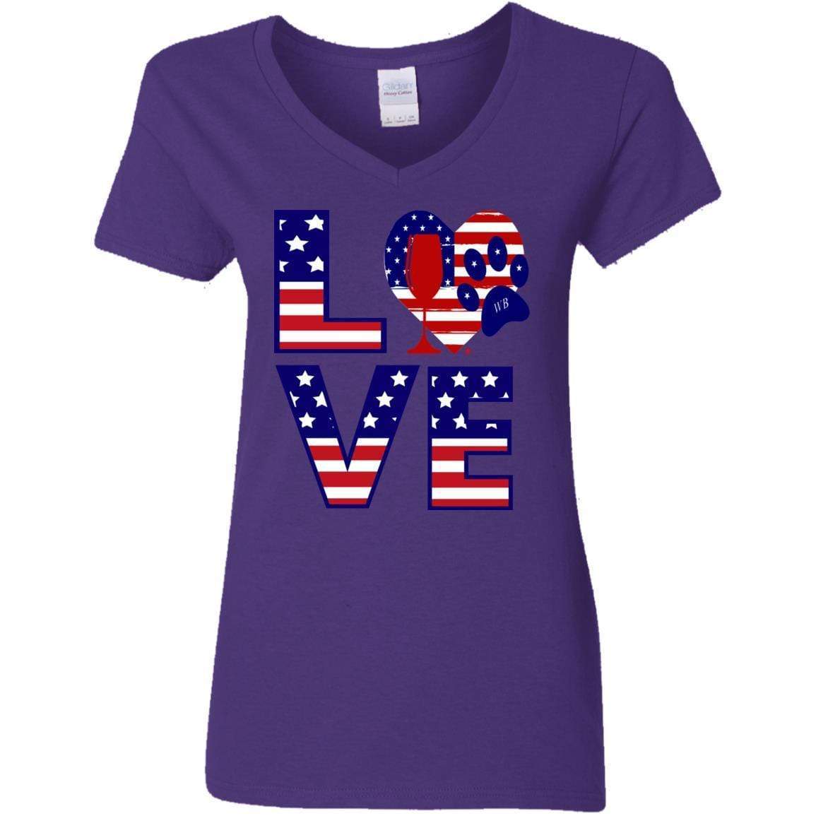 T-Shirts Purple / S Winey Bitches Co "American Love Paw" Ladies' 5.3 oz. V-Neck T-Shirt WineyBitchesCo