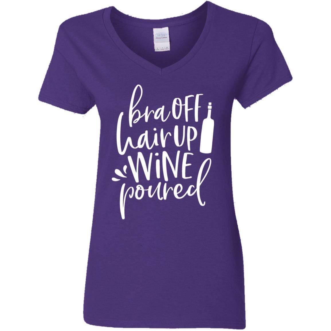 T-Shirts Purple / S WineyBitches.Co Bra Off Hair Up Wine Poured Ladies' 5.3 oz. V-Neck T-Shirt (Wht Letering) WineyBitchesCo