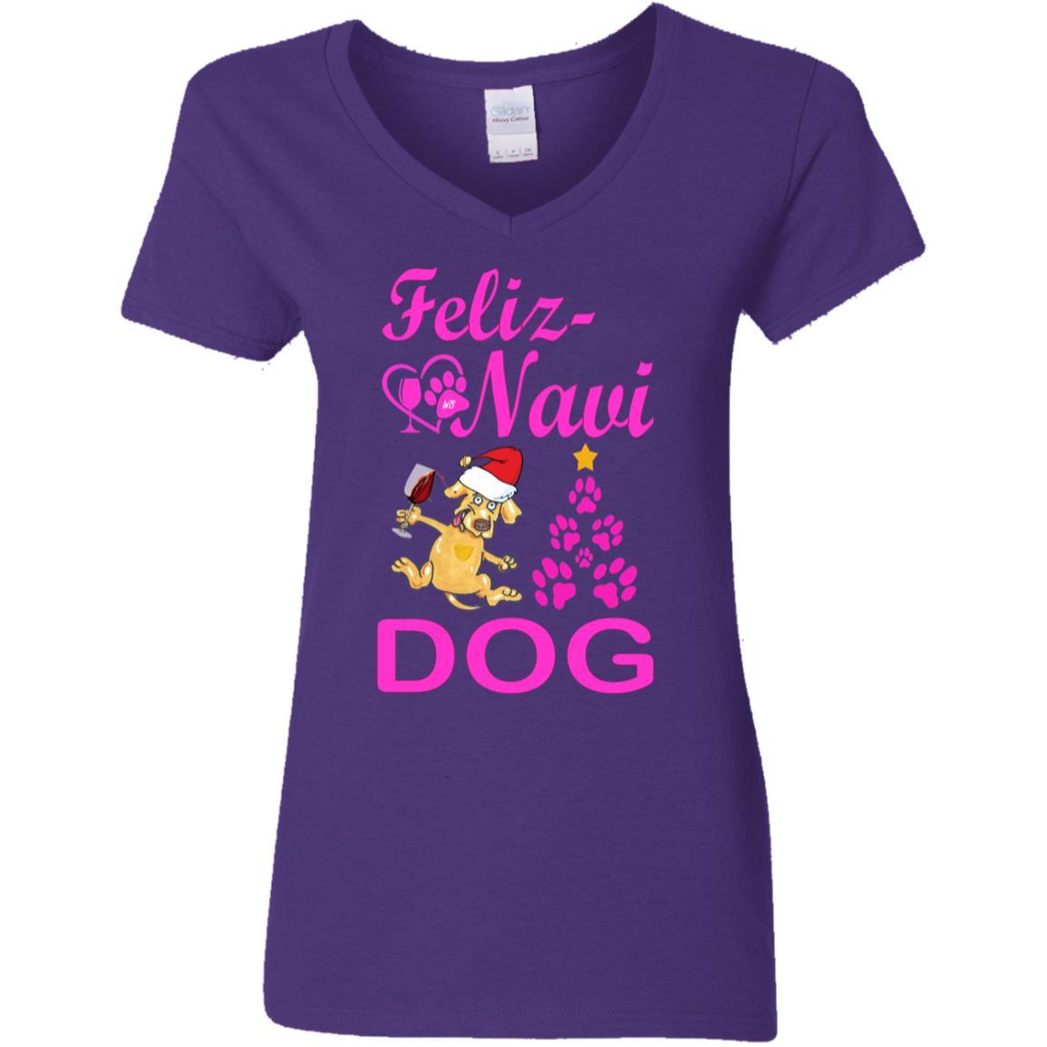 T-Shirts Purple / S WineyBitches.co Feliz Navi Dog Ladies' 5.3 oz. V-Neck T-Shirt-pink WineyBitchesCo