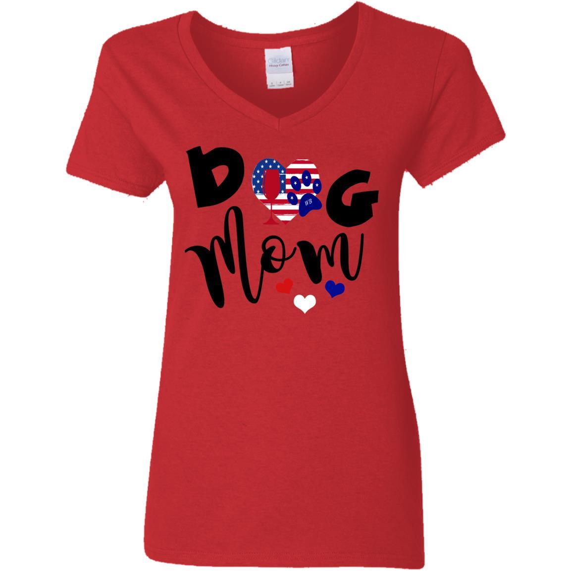 T-Shirts Red / S WineyBitches.Co American Dog Mom Ladies' 5.3 oz. V-Neck T-Shirt WineyBitchesCo