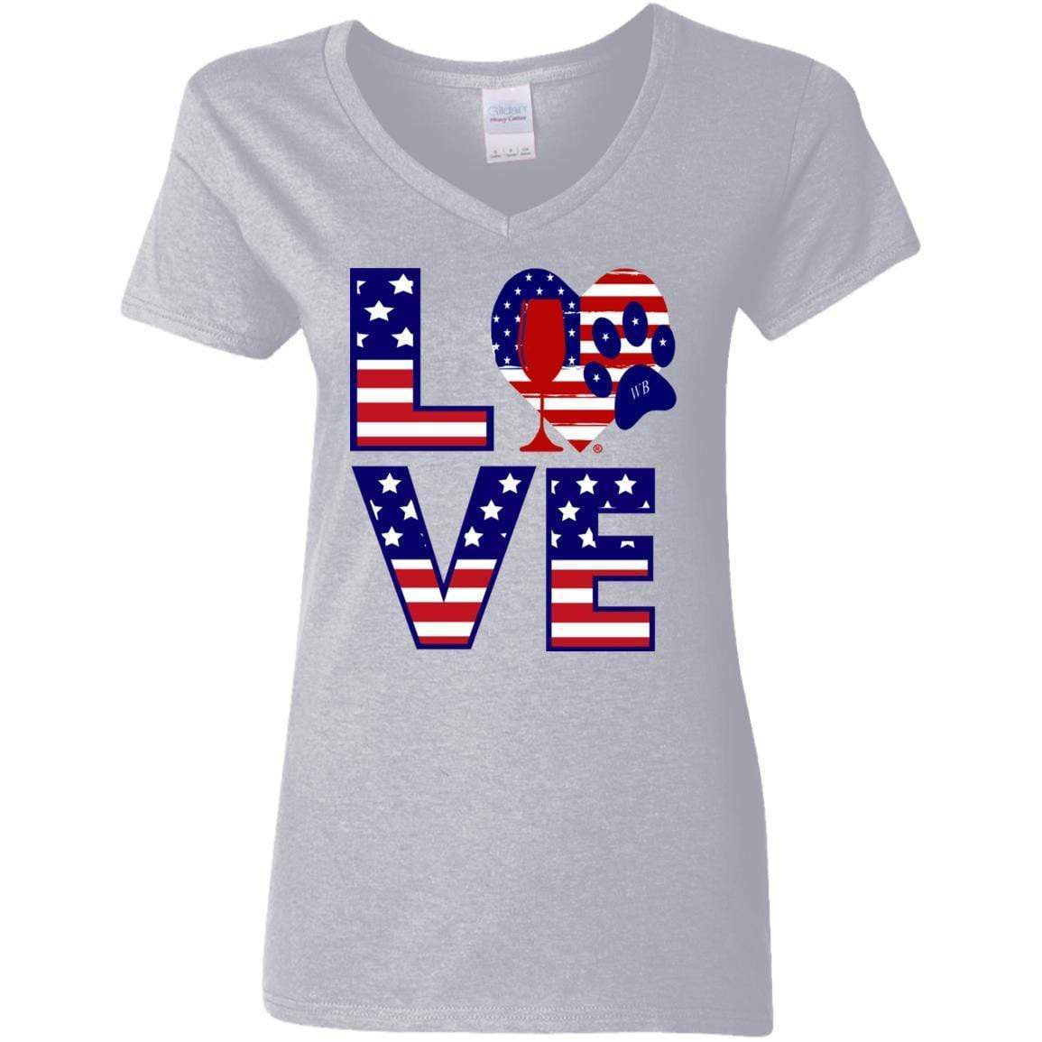 T-Shirts Sport Grey / S Winey Bitches Co "American Love Paw" Ladies' 5.3 oz. V-Neck T-Shirt WineyBitchesCo