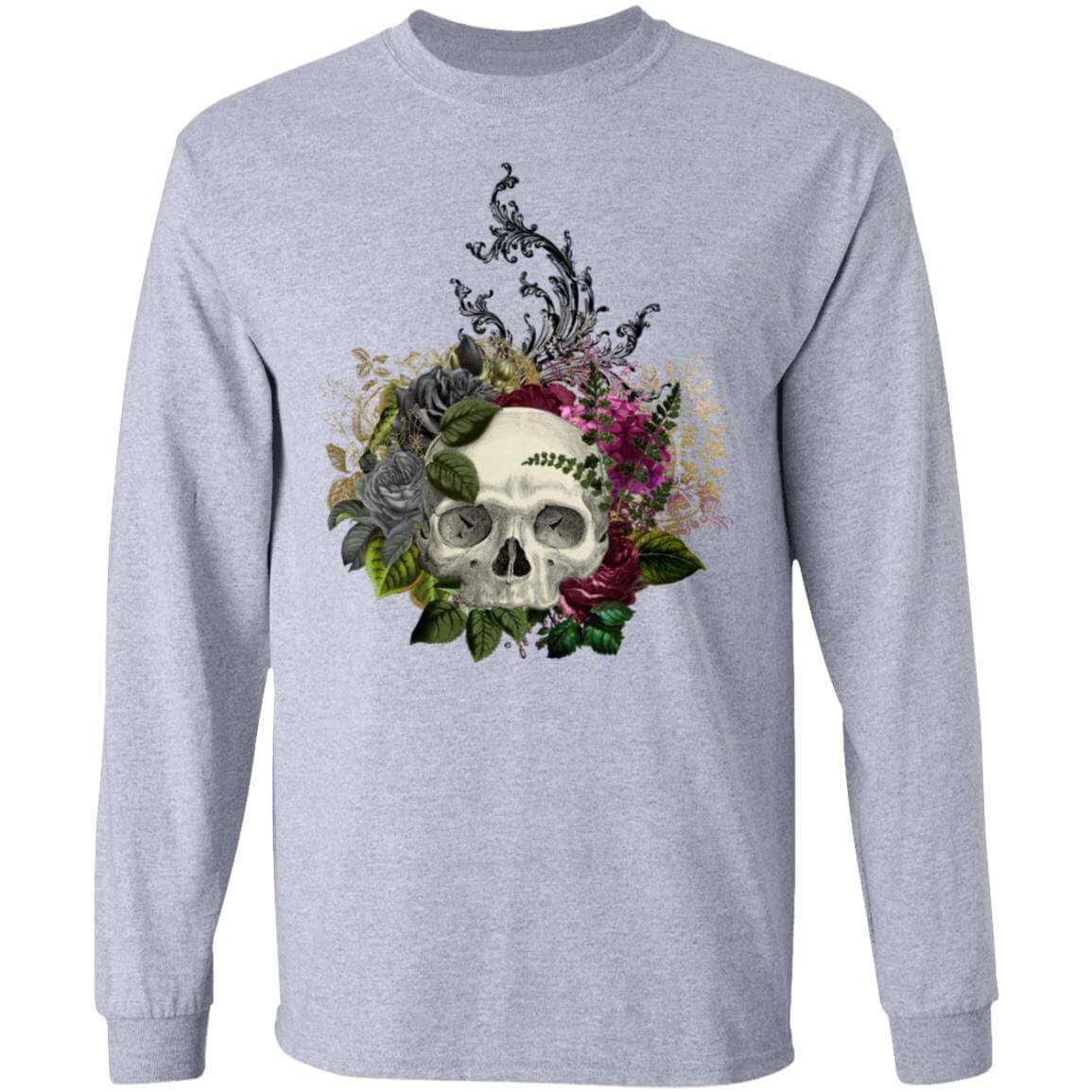 T-Shirts Sport Grey / S Winey Bitches Co Floral Skull Design #1 LS Ultra Cotton T-Shirt WineyBitchesCo