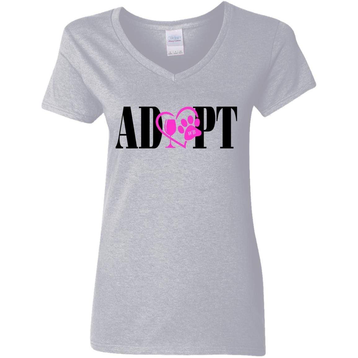 T-Shirts Sport Grey / S WineyBitches.Co “Adopt” Ladies' 5.3 oz. V-Neck T-Shirt- Pink Heart- Wht Lettering WineyBitchesCo