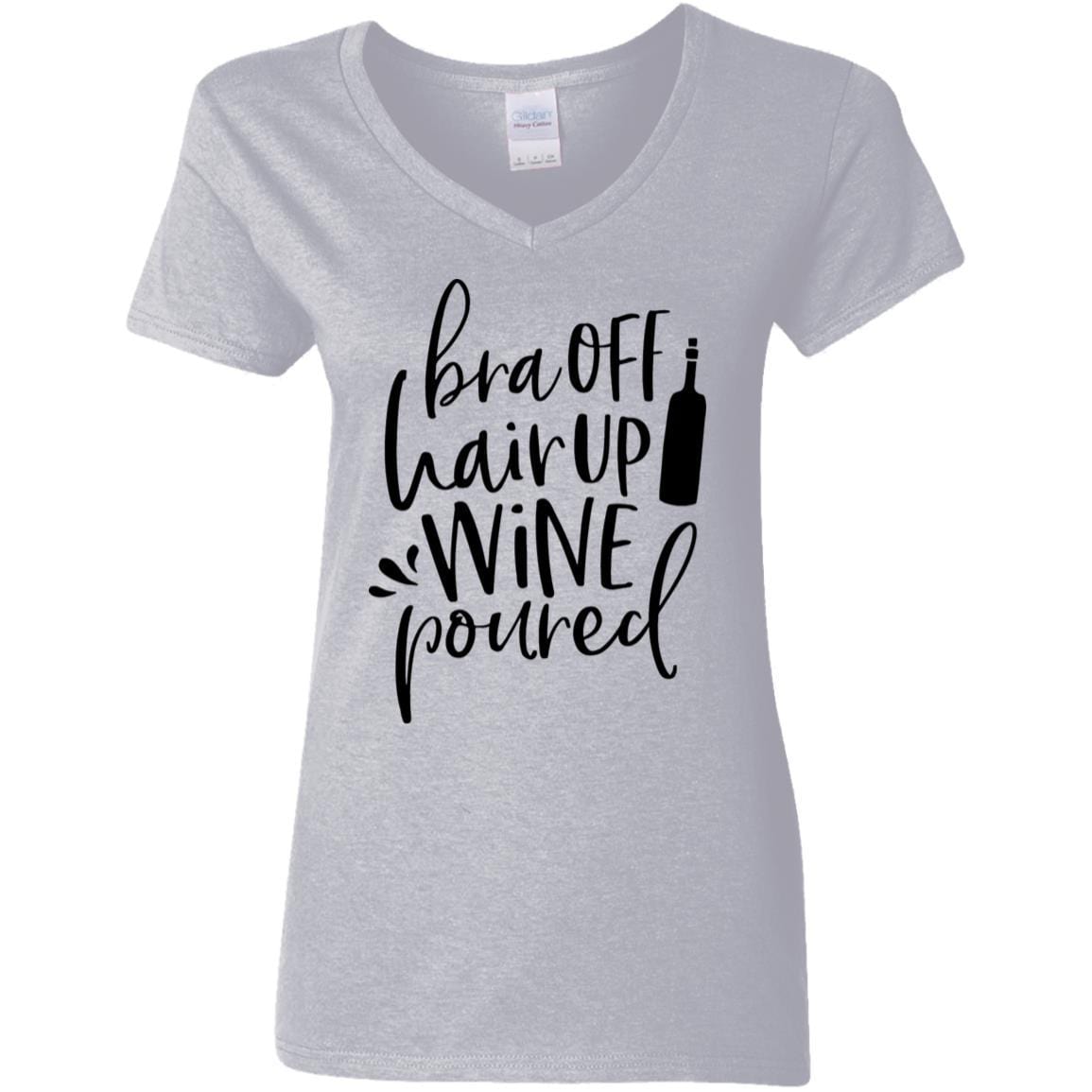T-Shirts Sport Grey / S WineyBitches.Co Bra Off Hair Up Wine Poured Ladies' 5.3 oz. V-Neck T-Shirt (Blk Lettering) WineyBitchesCo