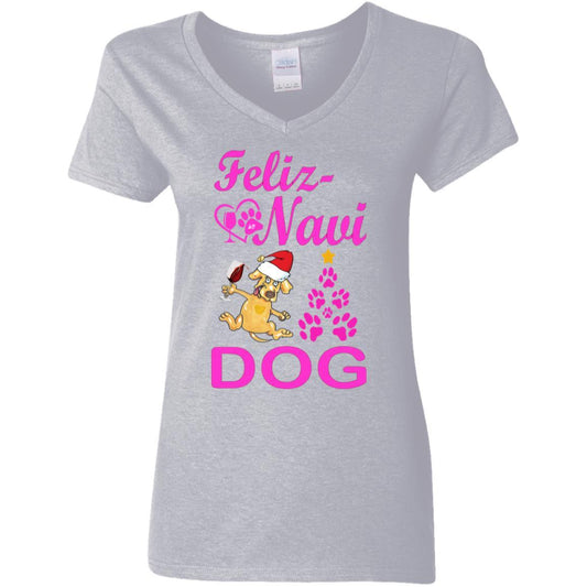 T-Shirts Sport Grey / S WineyBitches.co Feliz Navi Dog Ladies' 5.3 oz. V-Neck T-Shirt-pink WineyBitchesCo