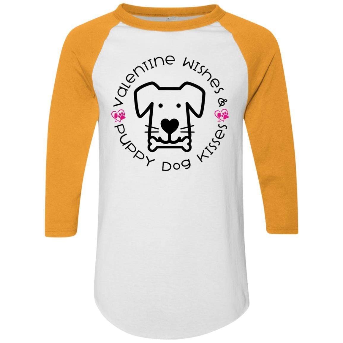 T-Shirts White/Gold / S Winey Bitches Co 'Valentine Wishes and Puppy Dog Kisses" (Dog) Colorblock Raglan Jersey WineyBitchesCo