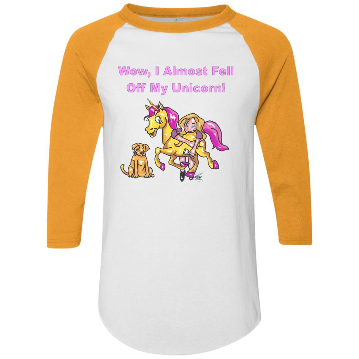 T-Shirts White/Gold / S WineyBitches.co "Wow I Almost Fell Off My Unicorn Colorblock Raglan Jersey WineyBitchesCo