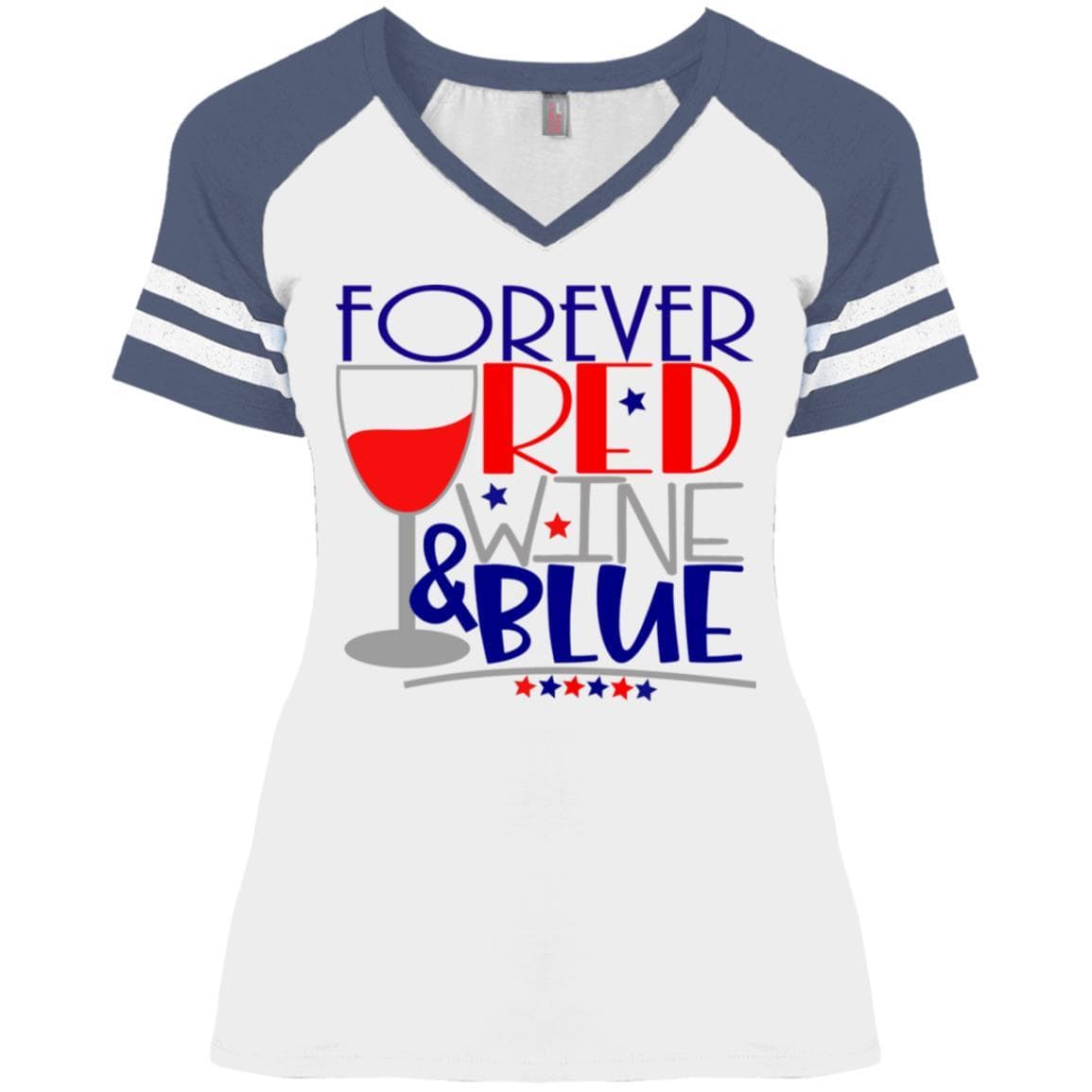 T-Shirts White/Heather Navy / X-Small WineyBitches.Co Forever Red Wine & Blue Ladies' Game V-Neck T-Shirt WineyBitchesCo