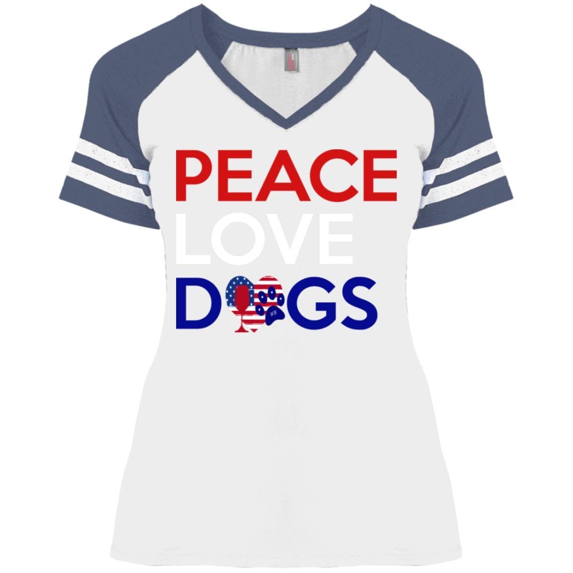 T-Shirts White/Heather Navy / X-Small WineyBitches.Co Peace Love Dogs Ladies' Game V-Neck T-Shirt WineyBitchesCo