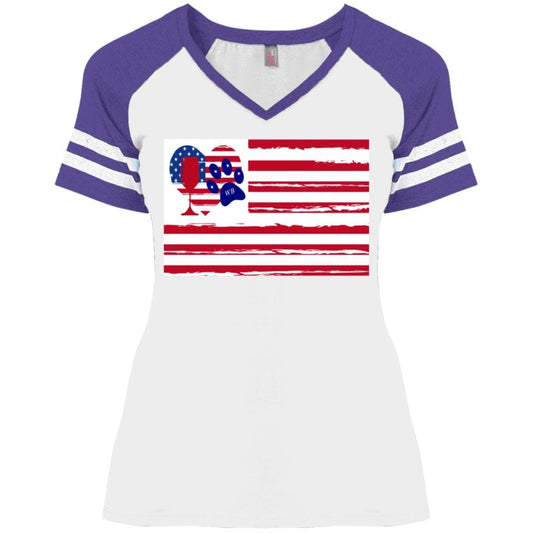 T-Shirts White/Heather Purple / X-Small WineyBitches.Co American Flag Wine Paw Heart (Horz) Ladies' Game V-Neck T-Shirt WineyBitchesCo