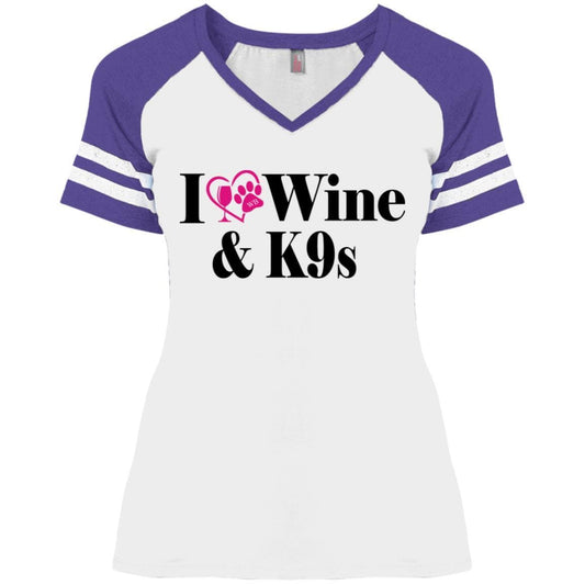 T-Shirts White/Heather Purple / X-Small WineyBitches.Co "I Love Wine and K9s" Ladies' Game V-Neck T-Shirt WineyBitchesCo