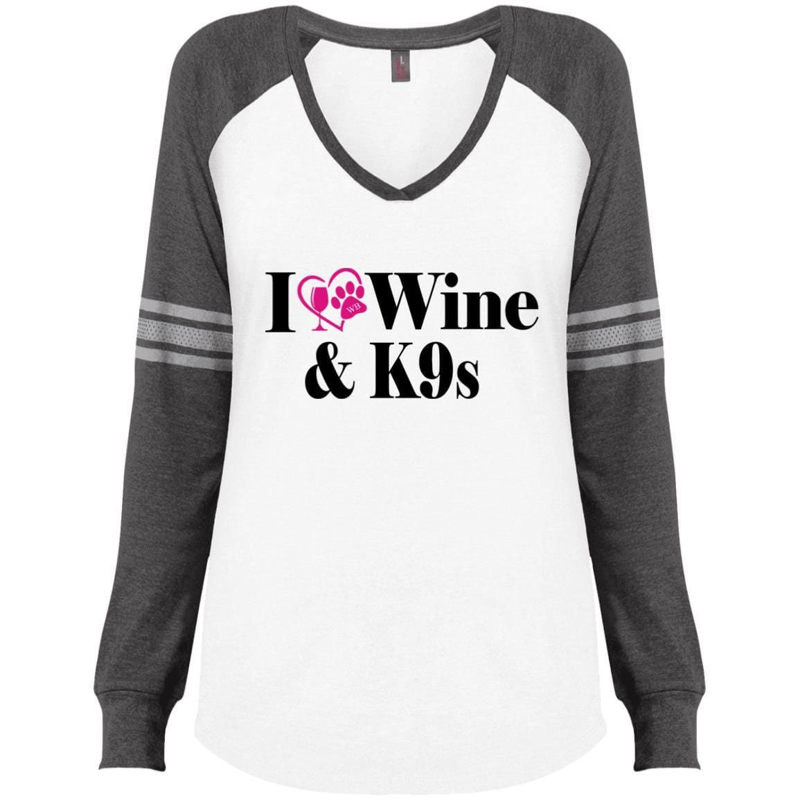 T-Shirts White/Heathered Charcoal / X-Small WineyBitches.Co "I Love Wine and K9s" Ladies' Game LS V-Neck T-Shirt WineyBitchesCo