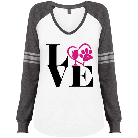 T-Shirts White/Heathered Charcoal / X-Small WineyBitches.Co "Love Paw 2" Ladies' Game LS V-Neck T-Shirt WineyBitchesCo
