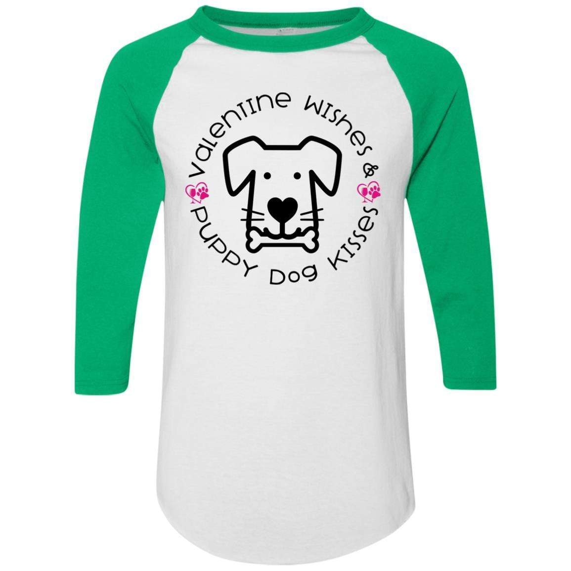 T-Shirts White/Kelly / S Winey Bitches Co 'Valentine Wishes and Puppy Dog Kisses" (Dog) Colorblock Raglan Jersey WineyBitchesCo