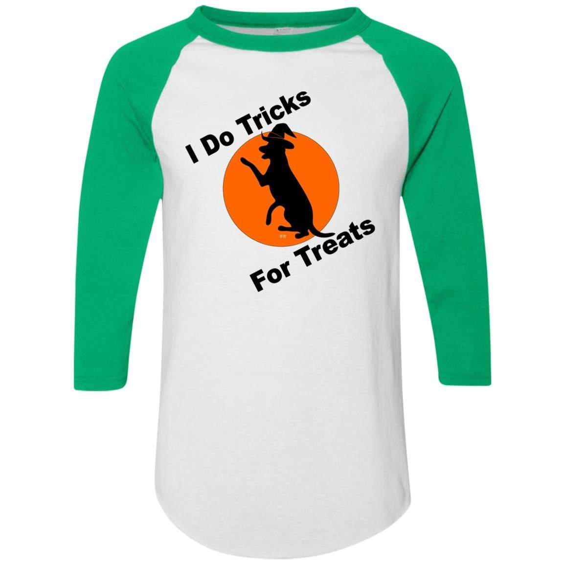 T-Shirts White/Kelly / S WineyBitches.Co "I Do Tricks For Treats" Dog- Colorblock Raglan Jersey WineyBitchesCo