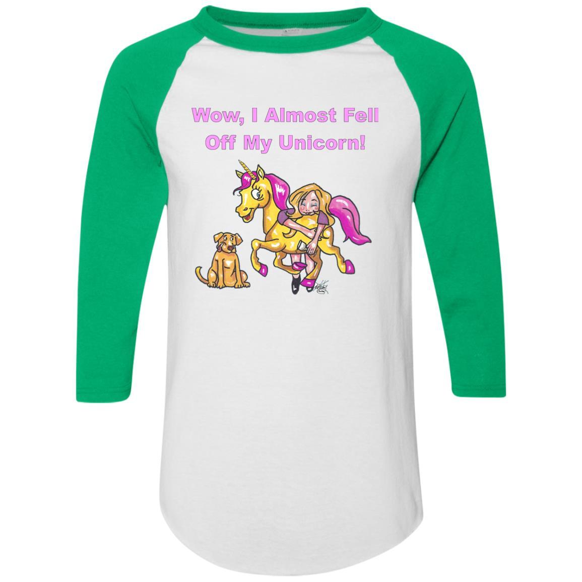 T-Shirts White/Kelly / S WineyBitches.co "Wow I Almost Fell Off My Unicorn Colorblock Raglan Jersey WineyBitchesCo