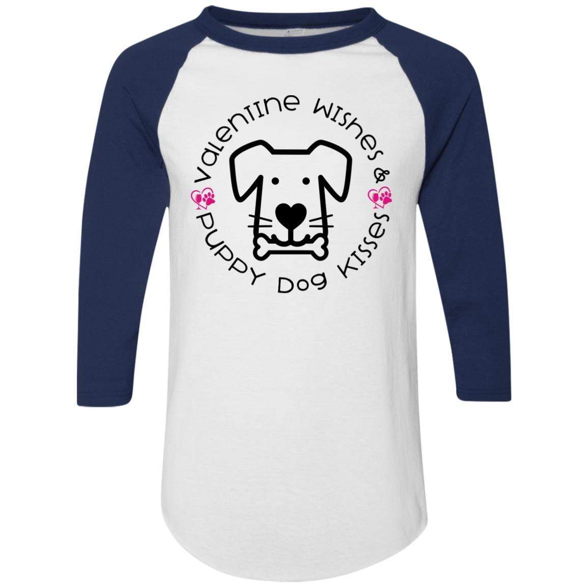 T-Shirts White/Navy / S Winey Bitches Co 'Valentine Wishes and Puppy Dog Kisses" (Dog) Colorblock Raglan Jersey WineyBitchesCo