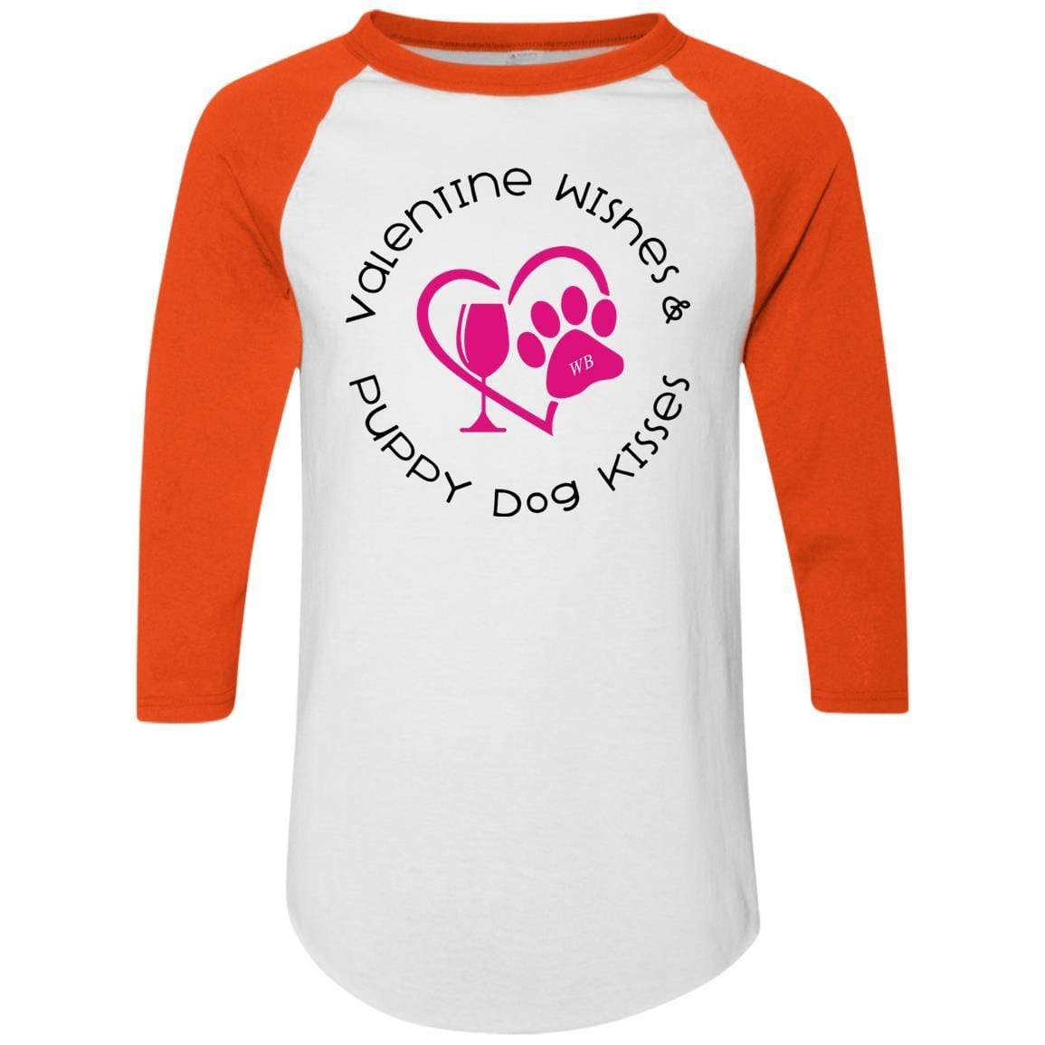 T-Shirts White/Orange / S Winey Bitches Co 'Valentine Wishes and Puppy Dog Kisses" (Heart) Colorblock Raglan Jersey WineyBitchesCo