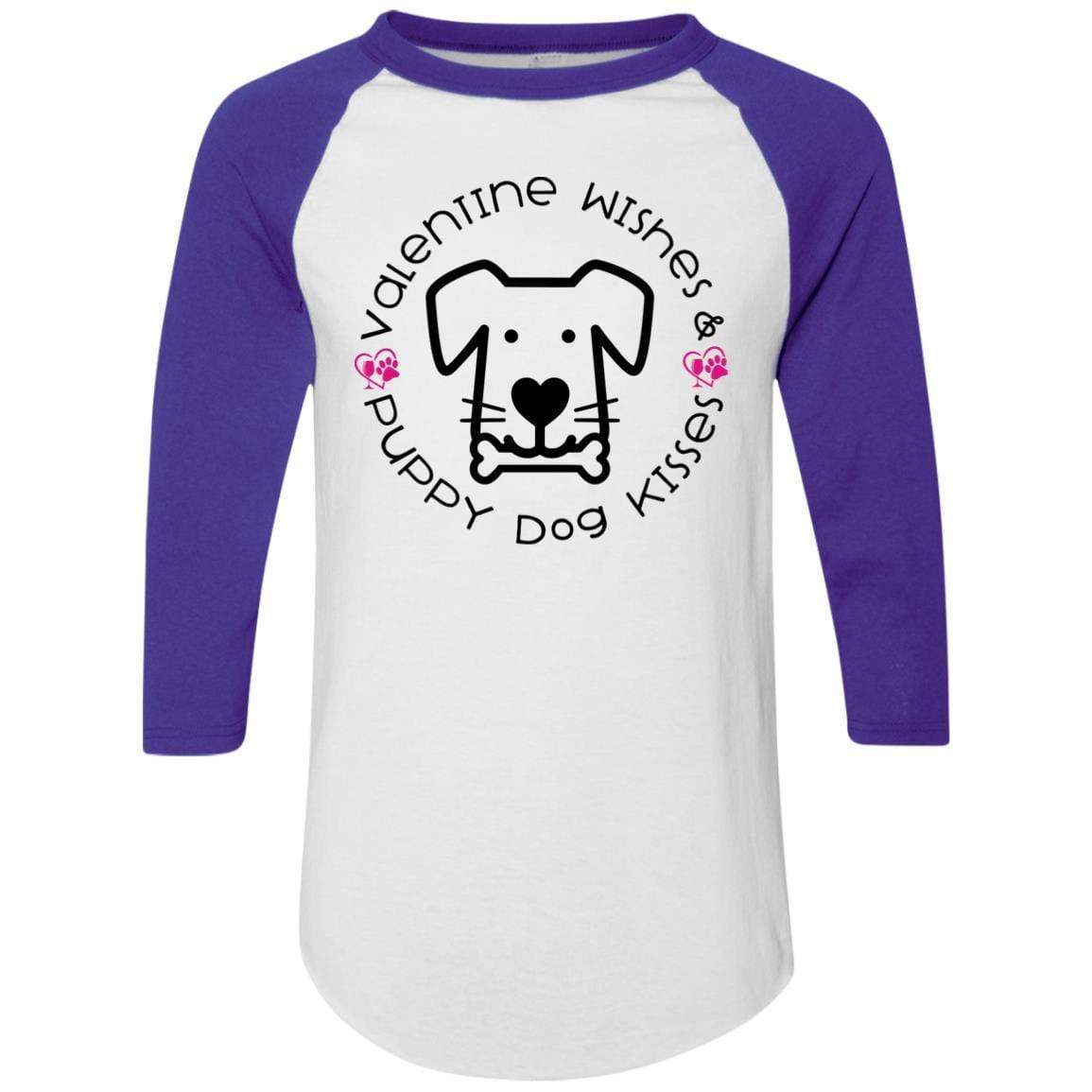 T-Shirts White/Purple / S Winey Bitches Co 'Valentine Wishes and Puppy Dog Kisses" (Dog) Colorblock Raglan Jersey WineyBitchesCo