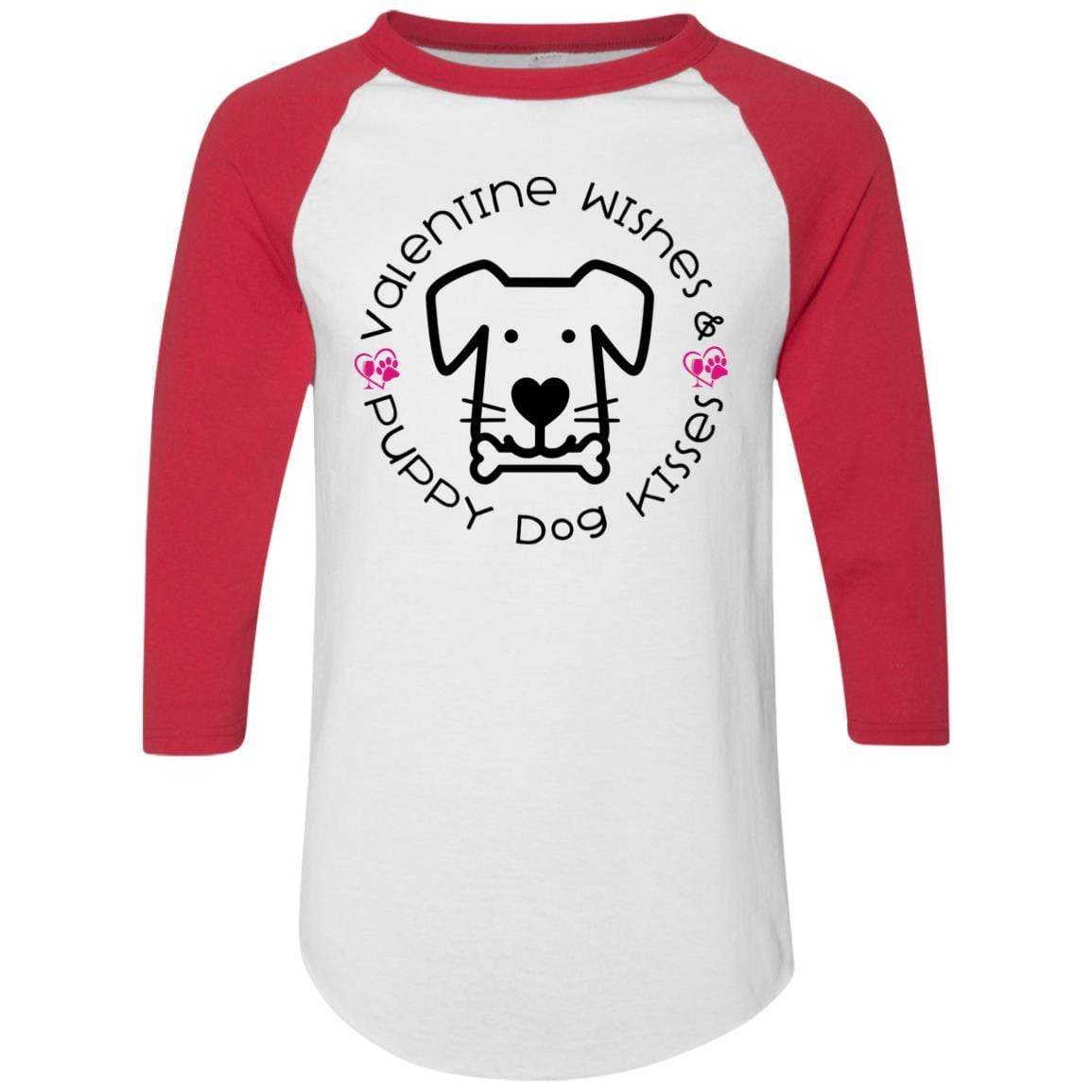 T-Shirts White/Red / S Winey Bitches Co 'Valentine Wishes and Puppy Dog Kisses" (Dog) Colorblock Raglan Jersey WineyBitchesCo