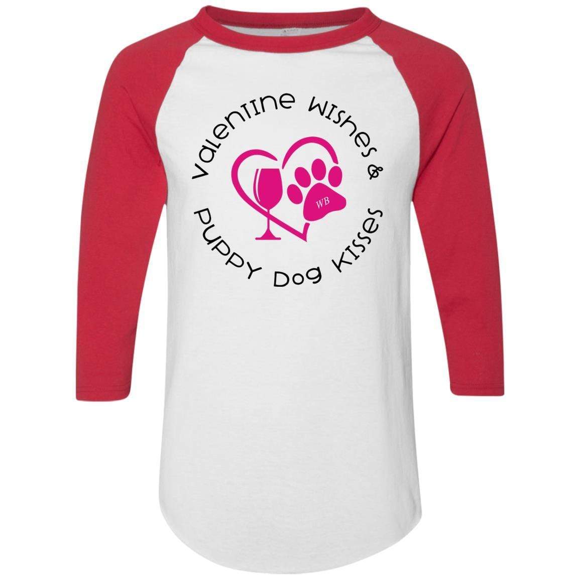T-Shirts White/Red / S Winey Bitches Co 'Valentine Wishes and Puppy Dog Kisses" (Heart) Colorblock Raglan Jersey WineyBitchesCo
