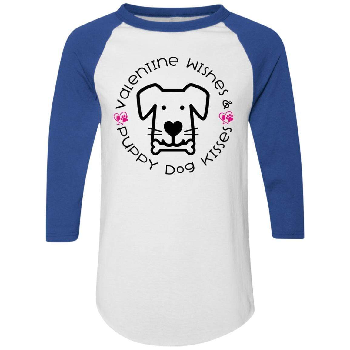 T-Shirts White/Royal / S Winey Bitches Co 'Valentine Wishes and Puppy Dog Kisses" (Dog) Colorblock Raglan Jersey WineyBitchesCo