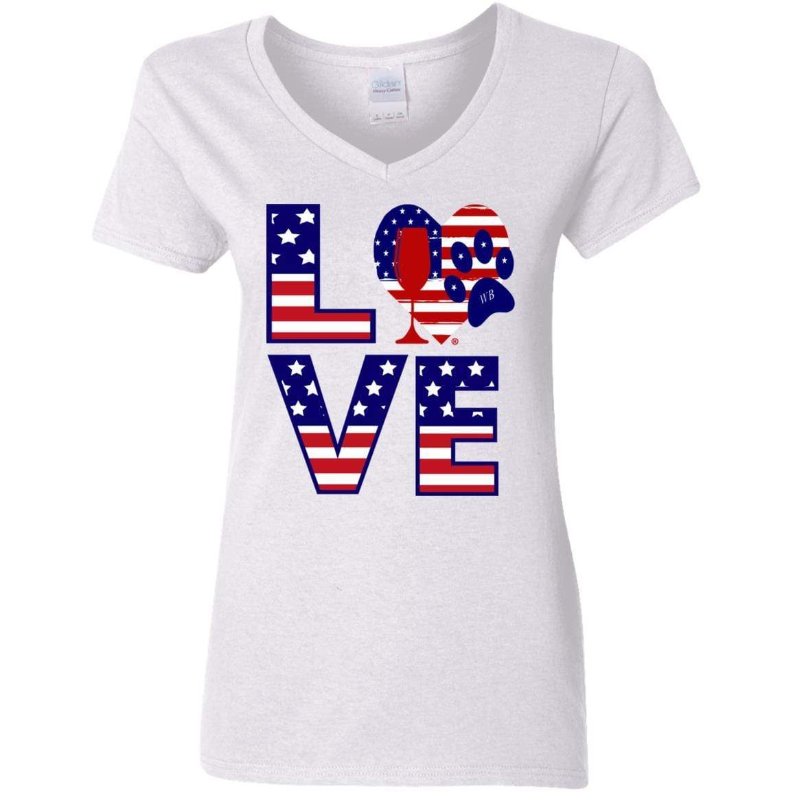 T-Shirts White / S Winey Bitches Co "American Love Paw" Ladies' 5.3 oz. V-Neck T-Shirt WineyBitchesCo