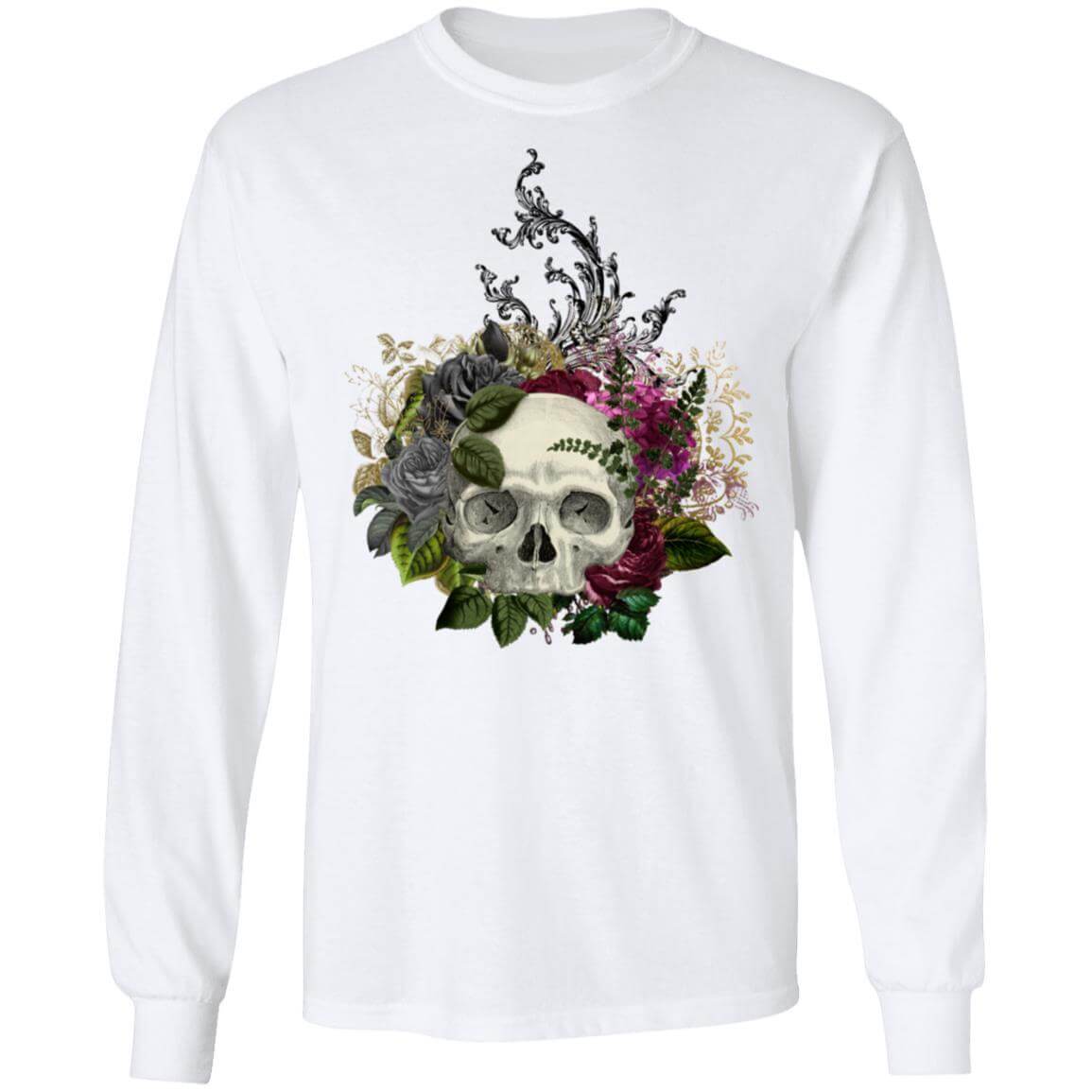T-Shirts White / S Winey Bitches Co Floral Skull Design #1 LS Ultra Cotton T-Shirt WineyBitchesCo