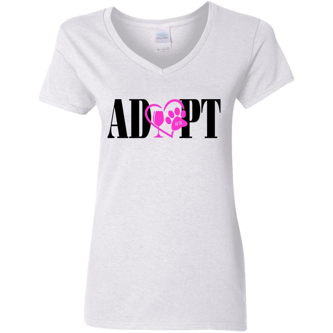 T-Shirts White / S WineyBitches.Co “Adopt” Ladies' 5.3 oz. V-Neck T-Shirt- Pink Heart- Wht Lettering WineyBitchesCo