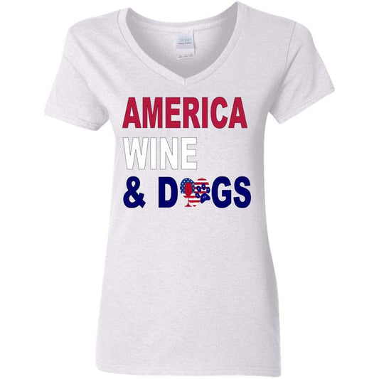 T-Shirts White / S WineyBitches.Co "America Wine and Dogs" Ladies' 5.3 oz. V-Neck T-Shirt WineyBitchesCo