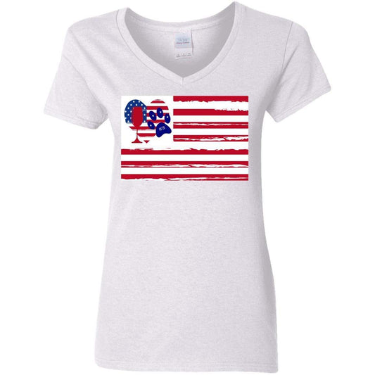 T-Shirts White / S WineyBitches.Co American Flag Wine Paw Heart (Horz) Ladies' 5.3 oz. V-Neck T-Shirt WineyBitchesCo