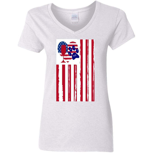 T-Shirts White / S WineyBitches.Co American Flag Wine Paw Heart Ladies' 5.3 oz. V-Neck T-Shirt WineyBitchesCo