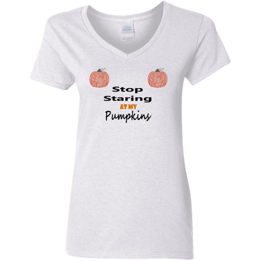 T-Shirts White / S WineyBitches.Co "Stop Staring At My Pumpkins" Halloween Ladies' 5.3 oz. V-Neck T-Shirt WineyBitchesCo