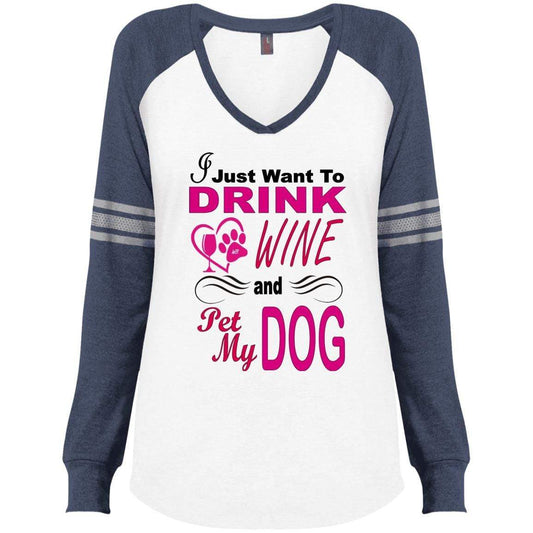 T-Shirts White/True Heathered Navy / X-Small WineyBitches.co Hilariously Funny "I Just Want To Drink Wine & Pet My Dog" V-neck WineyBitchesCo