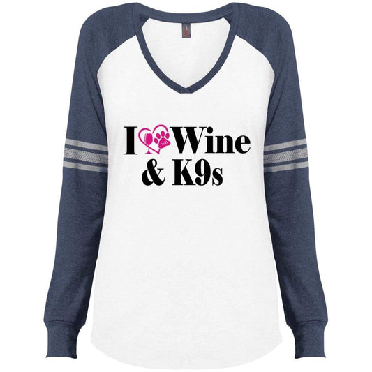 T-Shirts White/True Heathered Navy / X-Small WineyBitches.Co "I Love Wine and K9s" Ladies' Game LS V-Neck T-Shirt WineyBitchesCo